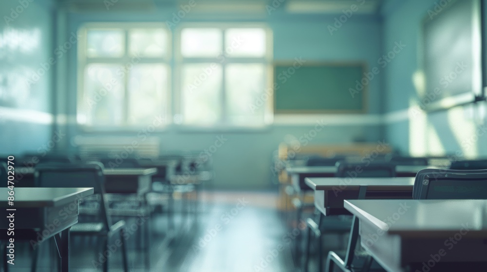 An empty classroom with neatly arranged desks and a chalkboard, bathed in soft sunlight from large windows, reflecting a peaceful learning environment. An empty classroom with neatly arranged desks and a chalkboard, bathed in soft sunlight from large windows, reflecting a peaceful learning environment.