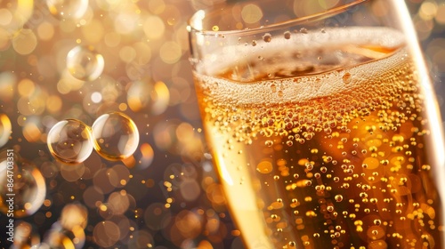 Close up of champagne bubbles with golden bokeh