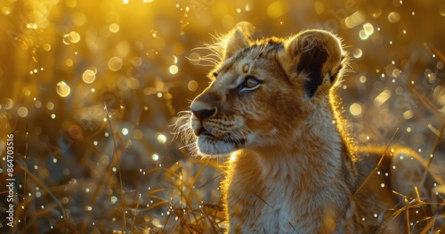 Young Lion Cub Gazing at Sunset in Golden Light