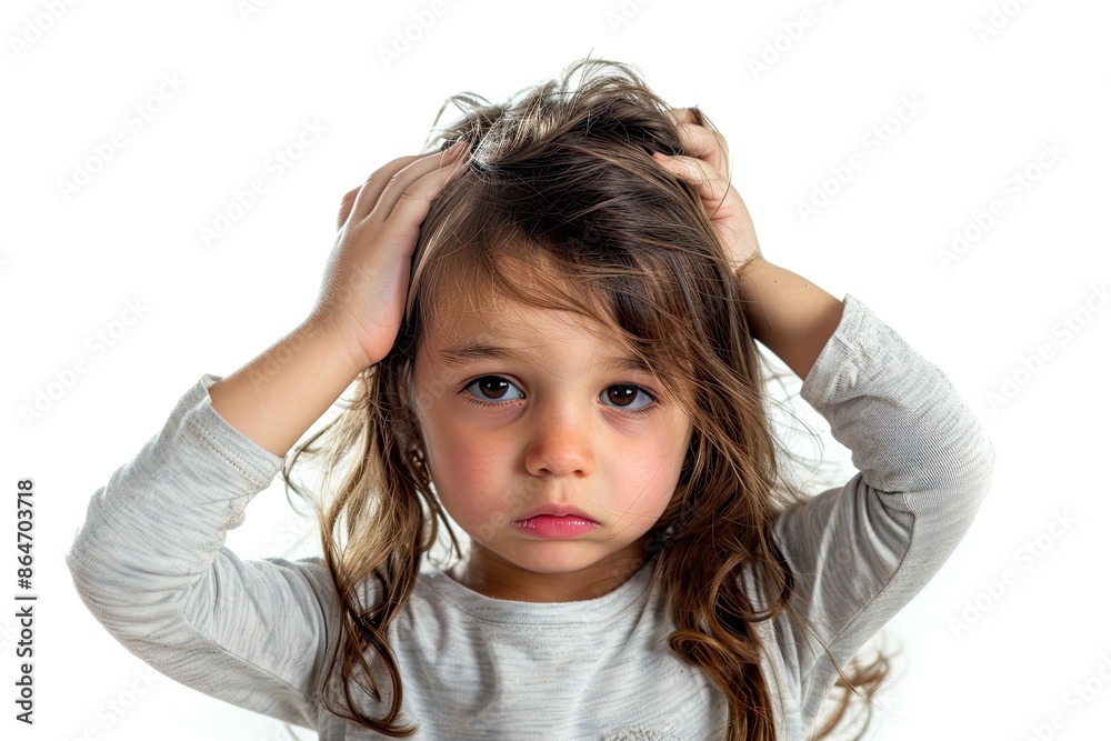 Little girl with worried expression scratching her head. Concepts. head lice, itchy scalp, dandruff, hair problems, childhood anxiety, stress Little girl with worried expression scratching her head. Concepts. head lice, itchy scalp, dandruff, hair problems, childhood anxiety, stress