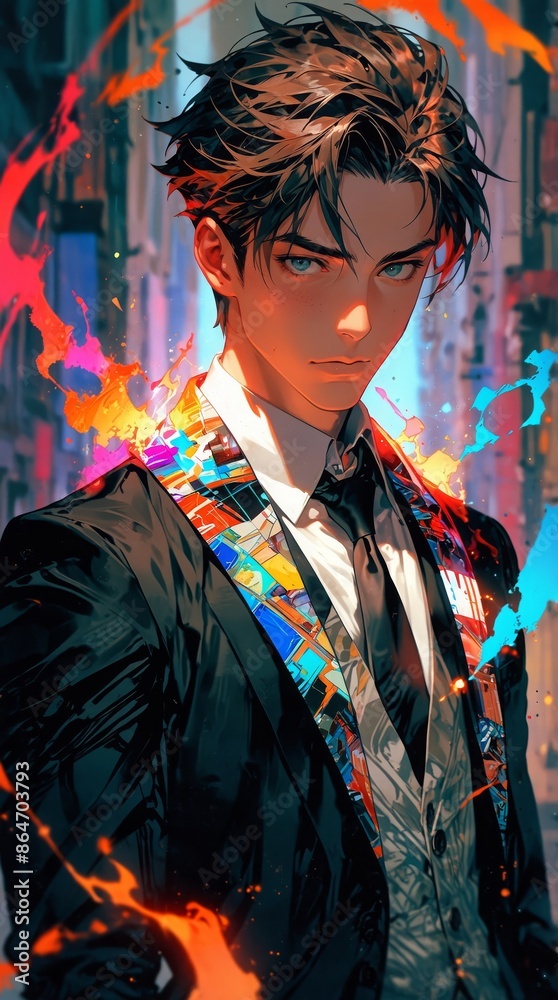 Obraz premium オーラを纏ったビジネスマンアニメ風イラスト,Generative AI AI画像