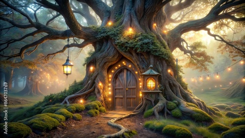 Whimsical twinkling fairy lights adorn a majestic ancient tree's gnarled branches, surrounding a delicate intricately carved wooden door and windowed cottage in misty dawn light.