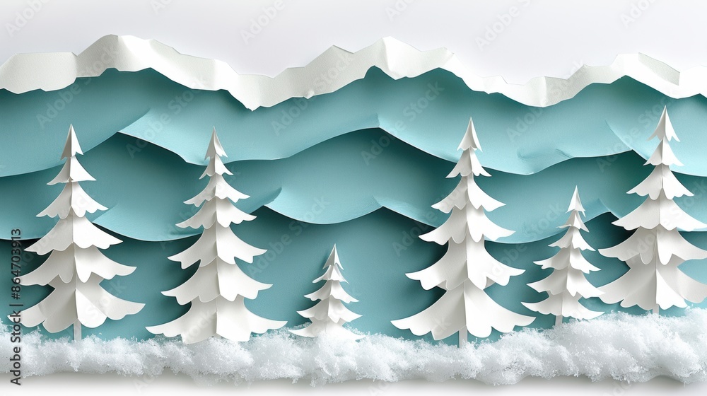 Obraz premium An enchanting winter scene crafted from paper, featuring snow-covered trees and mountains, evoking a serene and festive mood.