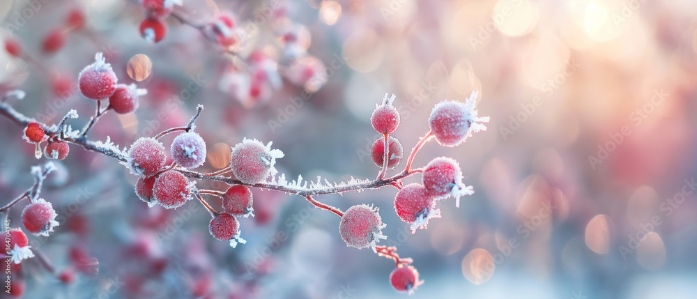 Detailed Shot Frost-Covered Berries, Icy Crystals, Blurred Winter Scene Detailed Shot Frost-Covered Berries, Icy Crystals, Blurred Winter Scene