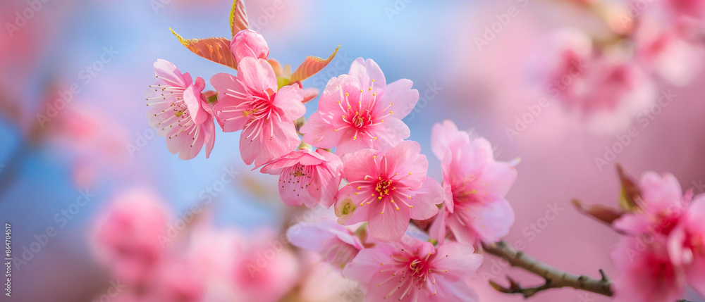 Obraz premium Detailed Shot Cherry Blossom Bloom, Intricate Petals, Blurred Blue Sky