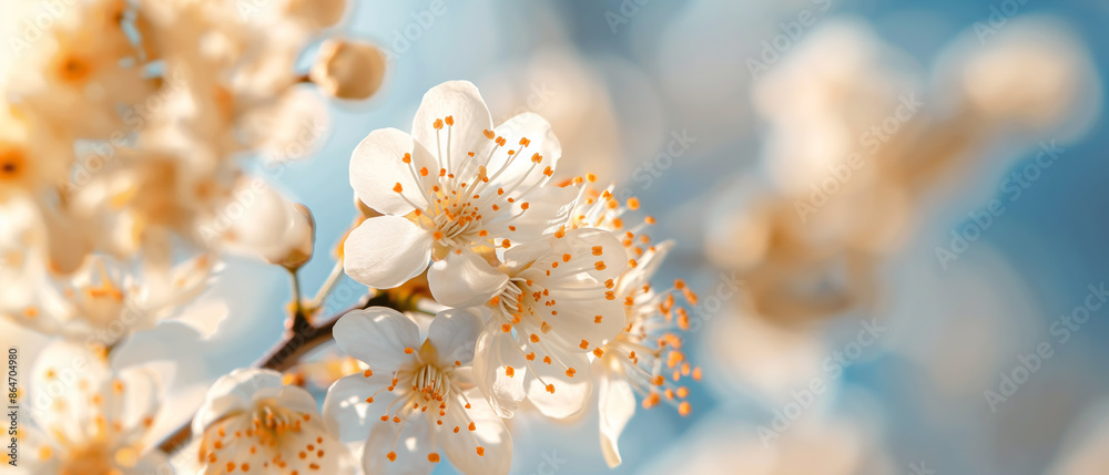 Fototapeta premium Detailed Shot Cherry Blossom Bloom, Intricate Petals, Blurred Blue Sky