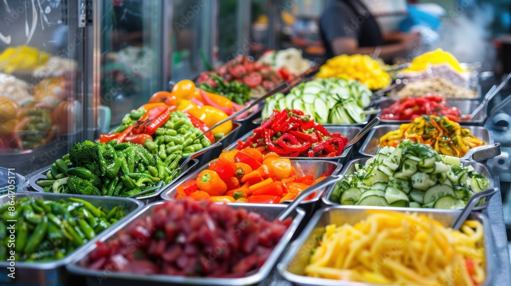 A vibrant assortment of fresh vegetables displayed at a salad bar, offering a variety of healthy food options.