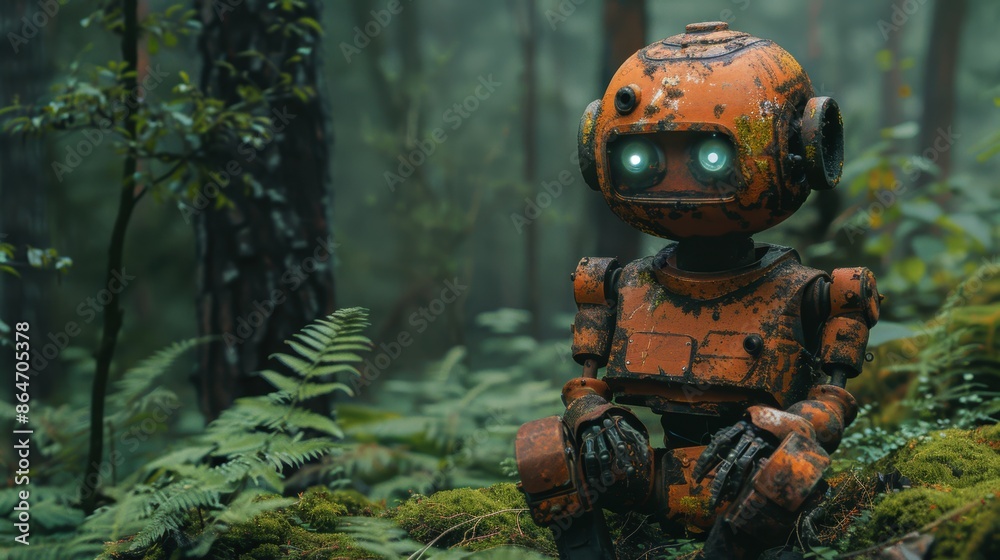 An old, rusted robot sits abandoned in a dense, misty forest, surrounded by lush greenery and ferns. An old, rusted robot sits abandoned in a dense, misty forest, surrounded by lush greenery and ferns.