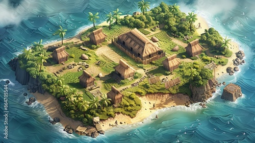 daily life in Rapa Nui during the early Polynesian settlement in the 8th century CE, showing the early stone platforms, the village layout, and the agricultural terraces photo