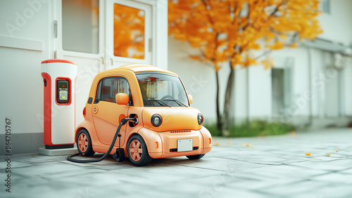 plasticine art style with pastel colour, charging battery of a EV car with stand EV machine, on autumn background