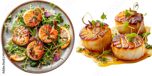 Seared Scallops with Microgreens and Citrus Glaze Isolated on Transparent or White Background, PNG photo