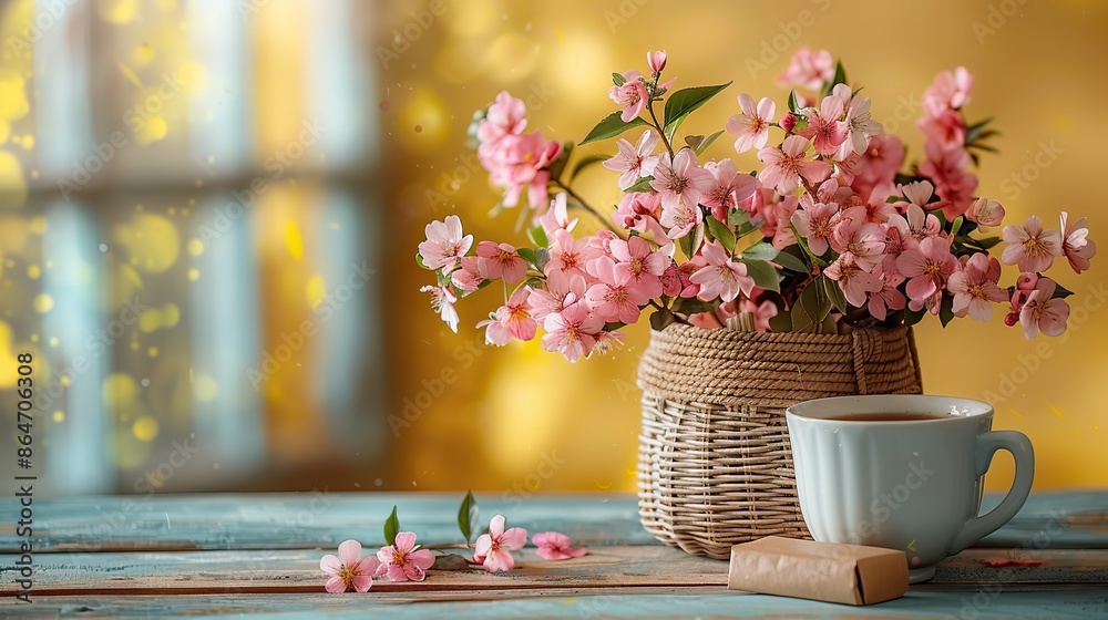 rattan basket with pink flowers gift box and coffee cup on pastel yellow background happy mothers day international women s day feminine concept.image rattan basket with pink flowers gift box and coffee cup on pastel yellow background happy mothers day international women s day feminine concept.image
