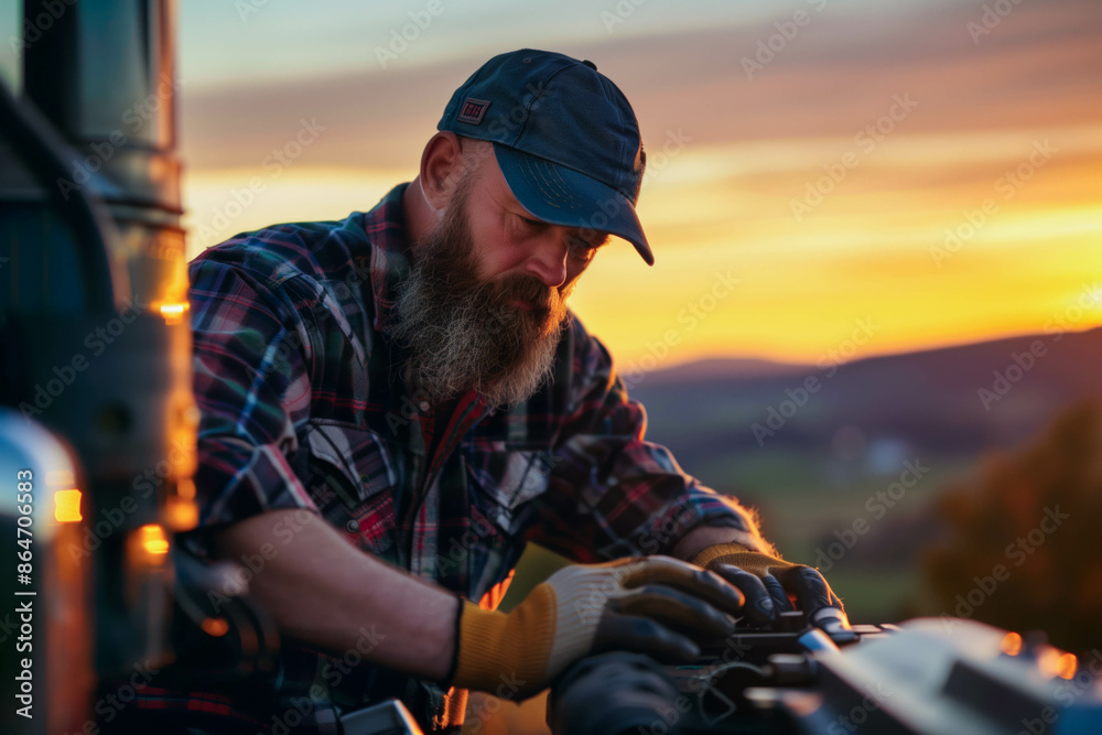 Bearded Man Repairing Engine at Sunset in Rural Setting Bearded Man Repairing Engine at Sunset in Rural Setting