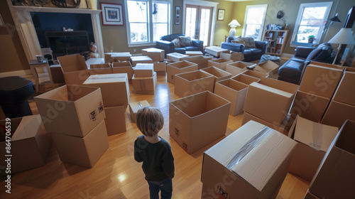 Child Exploring Room Full of Cardboard Boxes