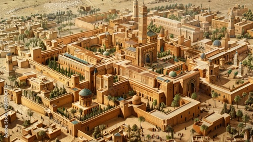 layout of Fez during the Marinid Dynasty in the 14th century CE, showing the University of Al Quaraouiyine, the Bou Inania Madrasa, and the city's medina within a religious context  photo