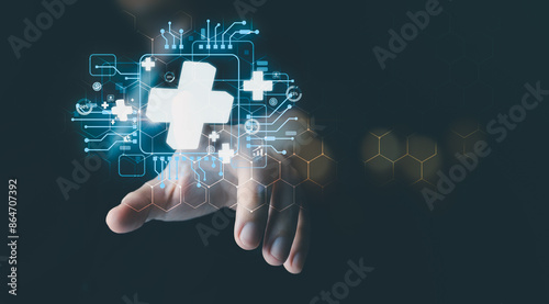 Photography plus sign icon floating in the air on hand It symbolizes the introduction of positive elements such as personal development, social profit, health insurance and a growth mindset