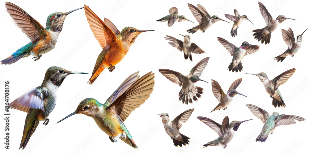 Obraz premium Hummingbird Birds in Flight Collection Set Isolated on Transparent or White Background, PNG