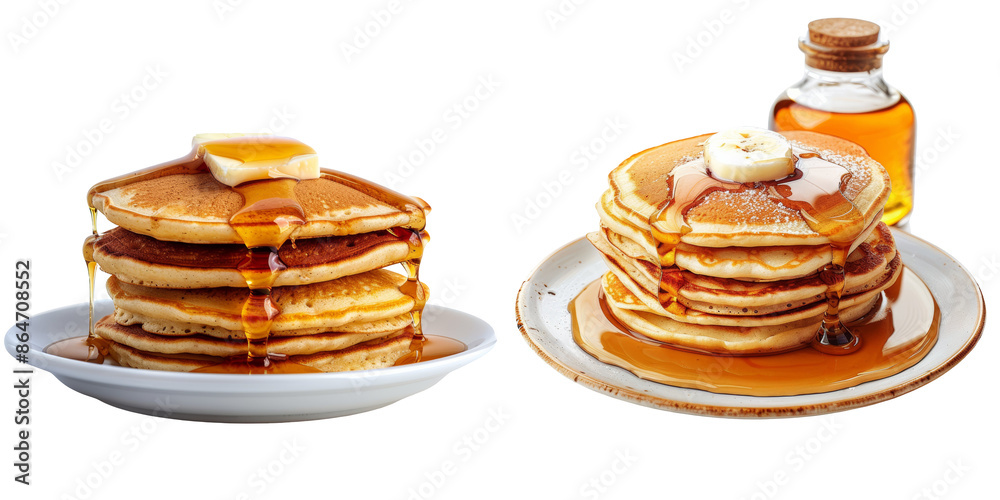 Stack of Fluffy Pancakes Maple Syrup Set Isolated on Transparent or White Background, PNG Stack of Fluffy Pancakes Maple Syrup Set Isolated on Transparent or White Background, PNG