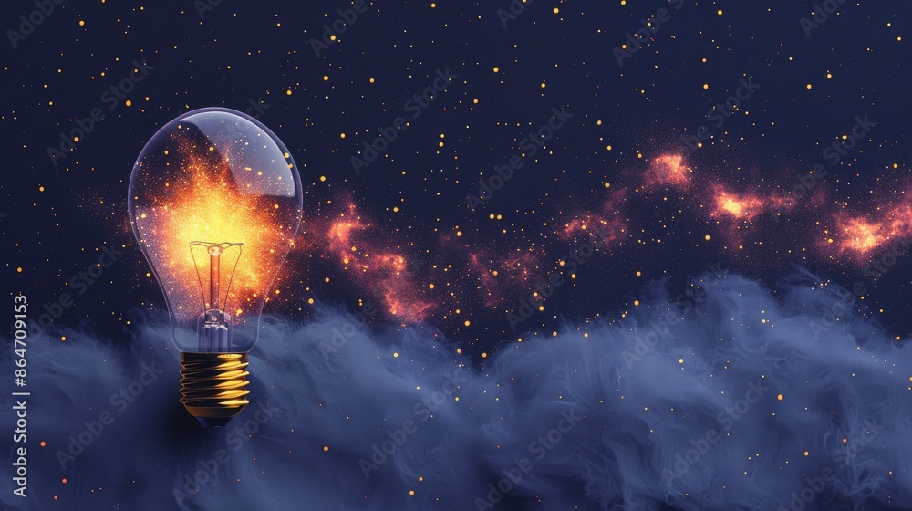 Fototapeta premium a minimalistic collage of creativity and ideas, featuring an illustration of a light bulb with colorful splashes. 