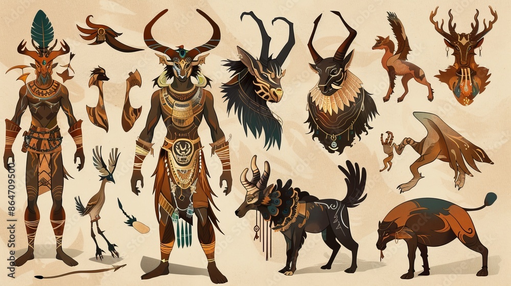Naklejka premium Concept image of mythical creature tamer with exotic beasts, mystical landscapes, and ancient attire, in an illustrative style.