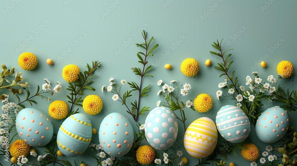 happy easter card template flat lay composition with colorful easter eggs and yellow spring flowers on green background.illustration happy easter card template flat lay composition with colorful easter eggs and yellow spring flowers on green background.illustration