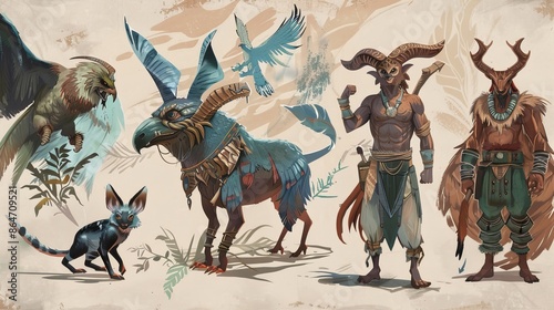 Concept image of mythical creature tamer with exotic beasts, mystical landscapes, and ancient attire in an illustrative style. photo