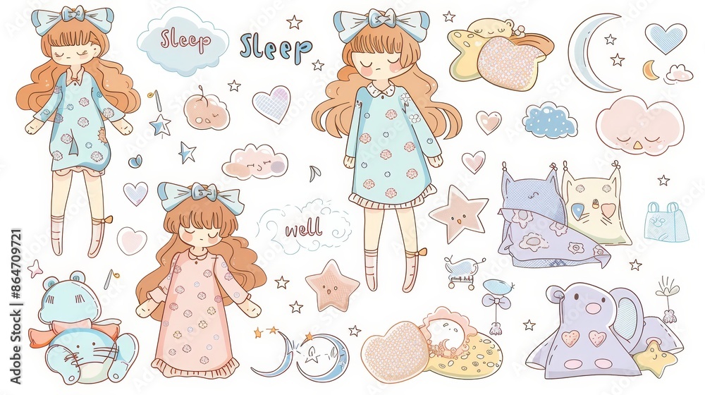 Adorable anime girl sticker sheet with cute pajama poses and pastel colors, detailed background elements, hearts, clouds, pillows, and sleeping animals, Adorable anime girl sticker sheet with cute pajama poses and pastel colors, detailed background elements, hearts, clouds, pillows, and sleeping animals,