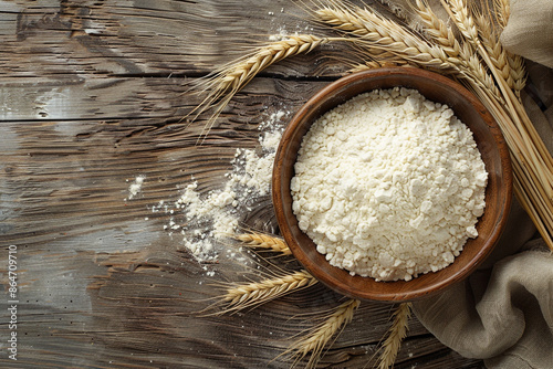 bowl of flour and wheat on a wooden background photo