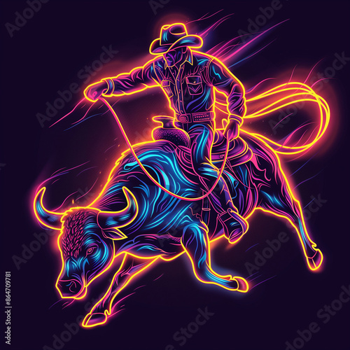 cowboy riding a bucking bull in neon colors illustration on a black background