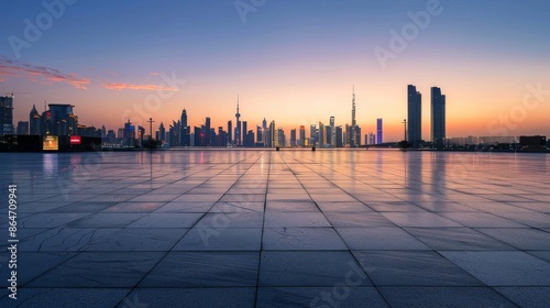 Empty square floor with city skyline background, Cityscape with a cybernetic revolution, digital connectivity and smart technology revolutionizing urban living in the panorama © Mabel