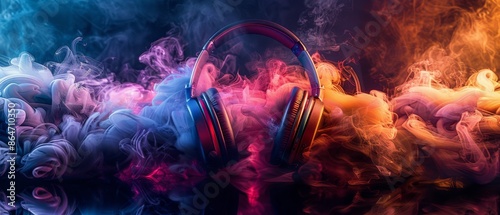 Blue And Red Headphones In Colorful Smoke