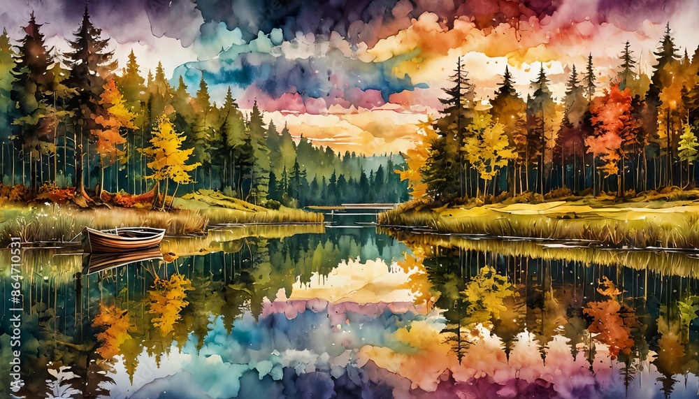 Naklejka premium A watercolor style illustration of a beautiful lake with a row boat in autumn. 