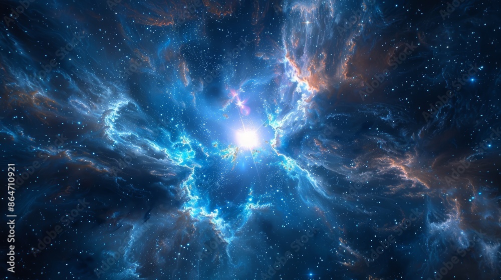 A blue and orange starry sky with a bright yellow star in the middle A blue and orange starry sky with a bright yellow star in the middle