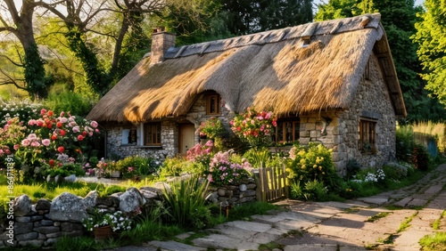 A rustic stone cottage with a thatched roof, surrounded by a blooming garden.