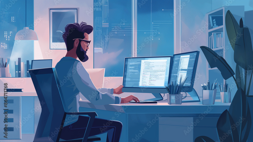 Illustration of an IT professional troubleshooting technical issues in a modern office, working individual, IT professional, hd, tech-savvy with copy space Illustration of an IT professional troubleshooting technical issues in a modern office, working individual, IT professional, hd, tech-savvy with copy space