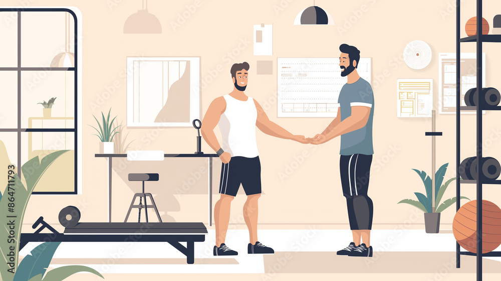 Illustration of a fitness trainer guiding a client through a workout session, promoting health and well-being, working individual, fitness trainer, hd, active with copy space Illustration of a fitness trainer guiding a client through a workout session, promoting health and well-being, working individual, fitness trainer, hd, active with copy space