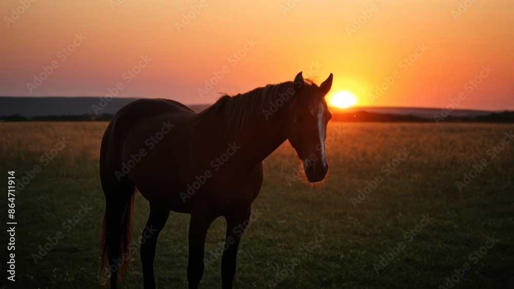 a photograph of the sun is setting on the horizon of a field with a horse in the foreground a photograph of the sun is setting on the horizon of a field with a horse in the foreground