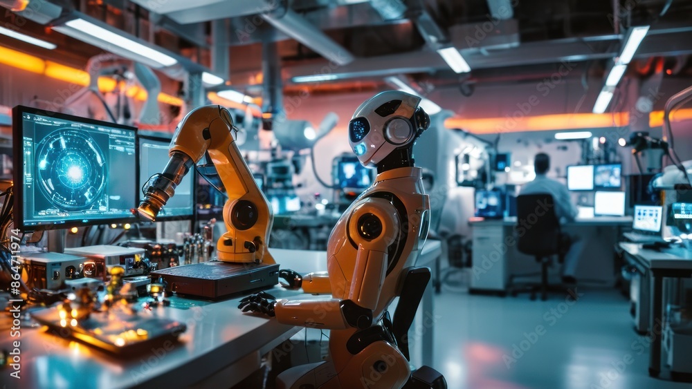 Obraz premium A futuristic laboratory with advanced technology, robots, and scientists at work.