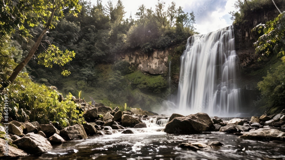 Fototapeta premium A peaceful waterfall, isolated against a pure white background.