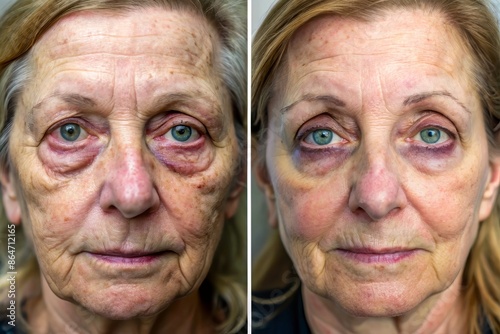 Xanthelasma on all 4 eyelids of a 55 years old woman, before and after applying camouflage make-up on lower and eye shadow on the spots of upper lids. photo