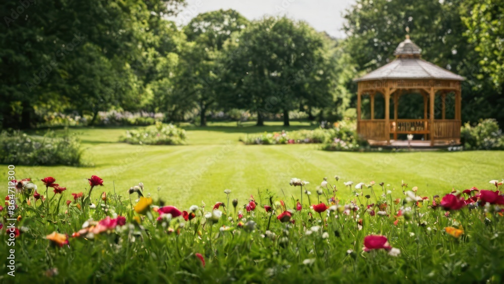 lush green lawn with a gazebo in the distance and lots of flowers in the foreground lush green lawn with a gazebo in the distance and lots of flowers in the foreground