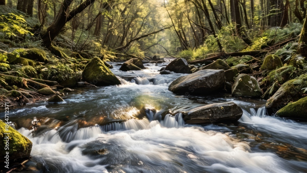 A serene river flowing through a dense forest, captured in stunning detail. A serene river flowing through a dense forest, captured in stunning detail.
