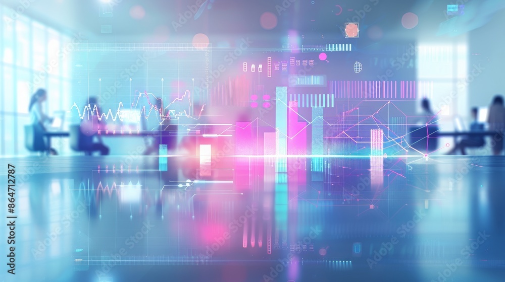 Blurred image of a modern office with employees and digital graphs overlay, representing business and technology concepts. Blurred image of a modern office with employees and digital graphs overlay, representing business and technology concepts.