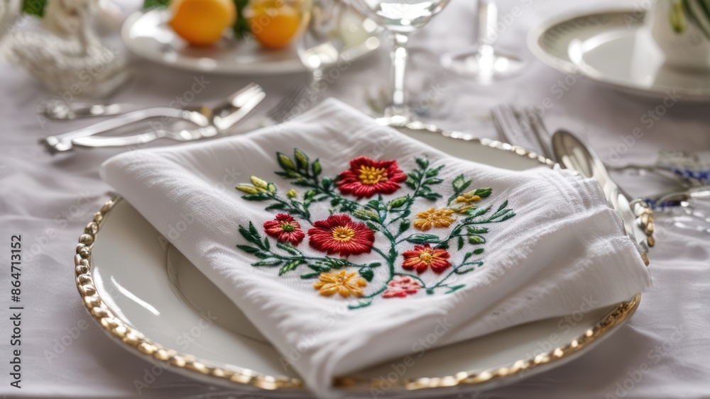 A crisp white napkin with an embroidered edge, on a white table. A crisp white napkin with an embroidered edge, on a white table.