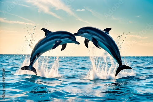 Dolphins jumping out of water, Sunset background	
