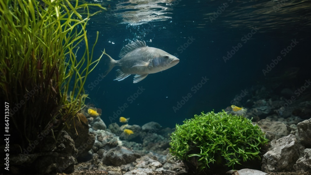 Fototapeta premium fish swimming under the surface of a body of water surrounded by plants and rocks