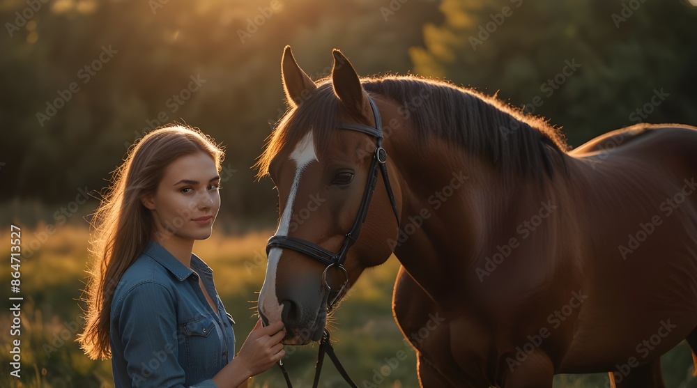 Obraz premium Young woman with her horse in evening sunset light.generative.ai