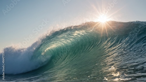 Fototapeta Naklejka Na Ścianę i Meble -  blurry image of a wave in the ocean with a sun in the background
