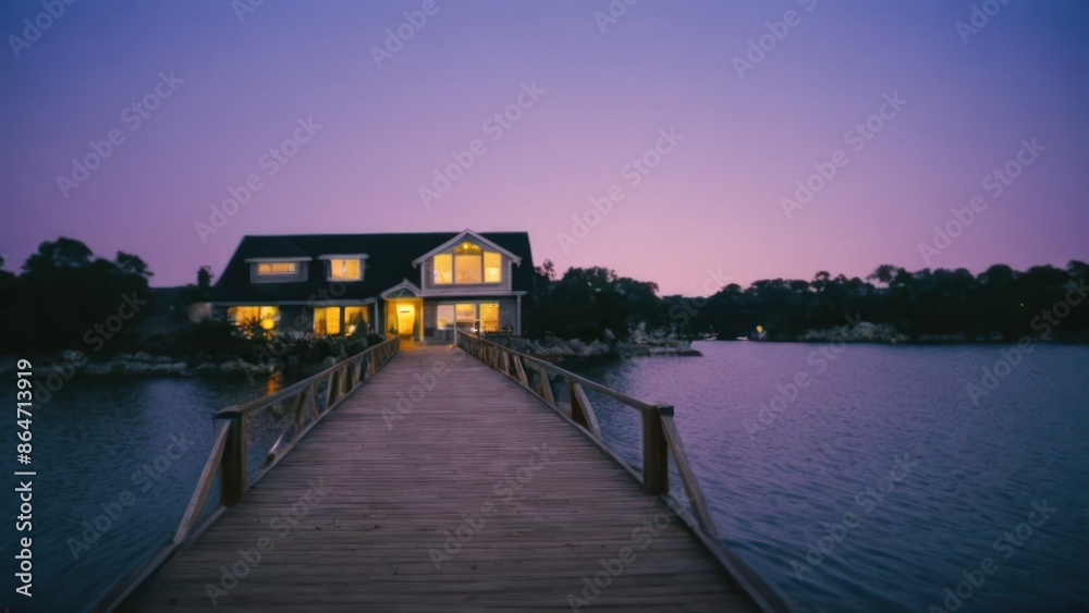 Fototapeta premium wooden bridge over a body of water with a house in the background at dusk