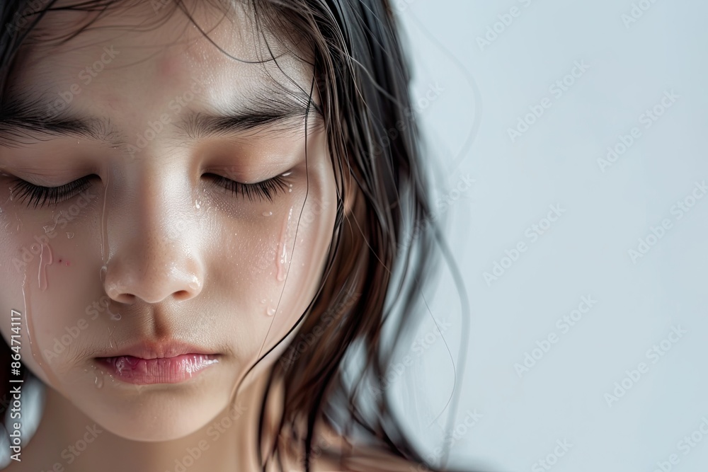 Portrait of a young girl with tears streaming down her face, expressing sadness and grief. Portrait of a young girl with tears streaming down her face, expressing sadness and grief.